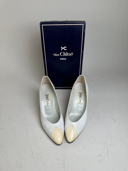 Vintage Chloe Leather Heels Cream White Silver EU35.5