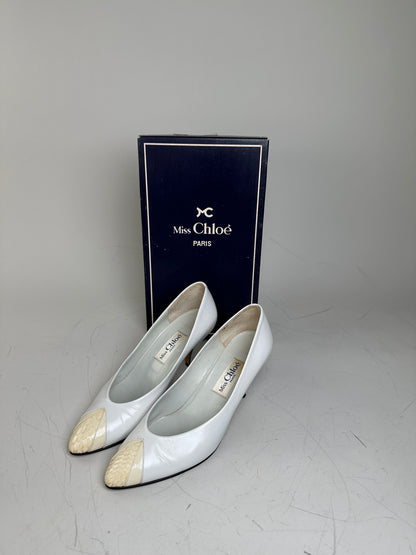 Vintage Chloe Leather Heels Cream White Silver EU35.5