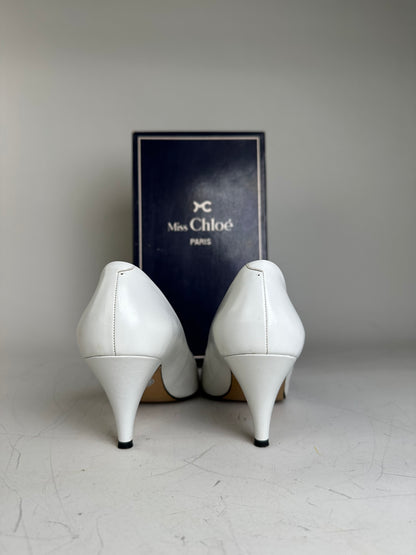 Vintage Chloe Leather Heels Cream White Silver EU35.5