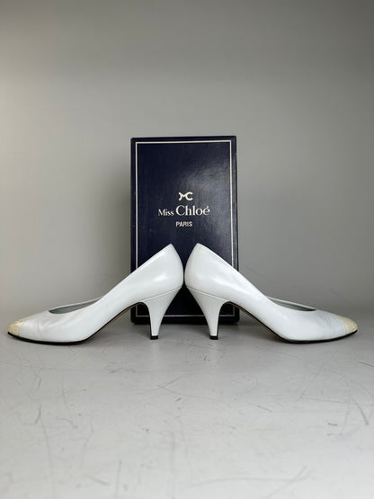 Vintage Chloe Leather Heels Cream White Silver EU35.5