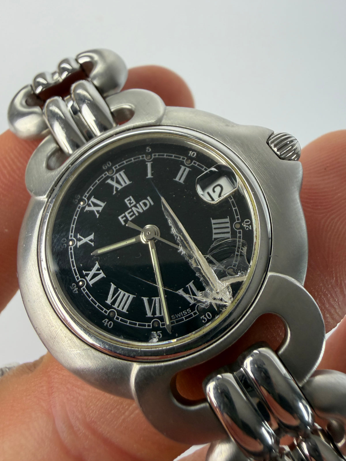 Vintage Fendi Stainless Steel Bracelet Watch Late 1990s Silver Black