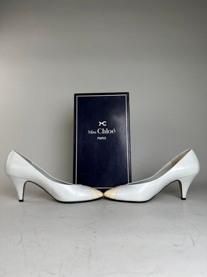 Vintage Chloe Leather Heels Cream White Silver EU35.5