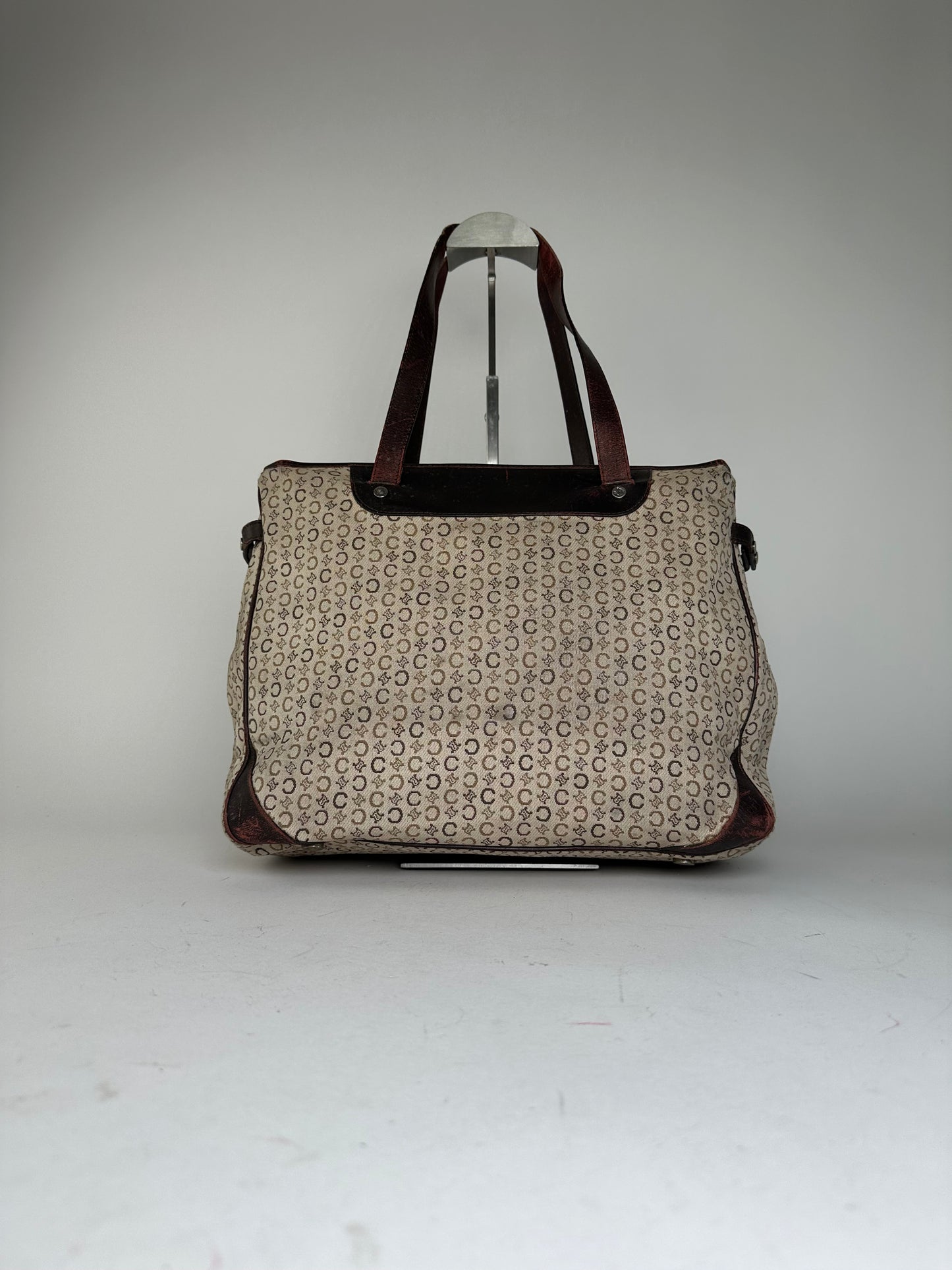 Vintage Celine Macadam C Monogram Coated Canvas Tote Beige Burgundy