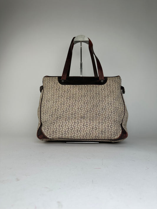 Vintage Celine Macadam C Monogram Coated Canvas Tote Beige Burgundy