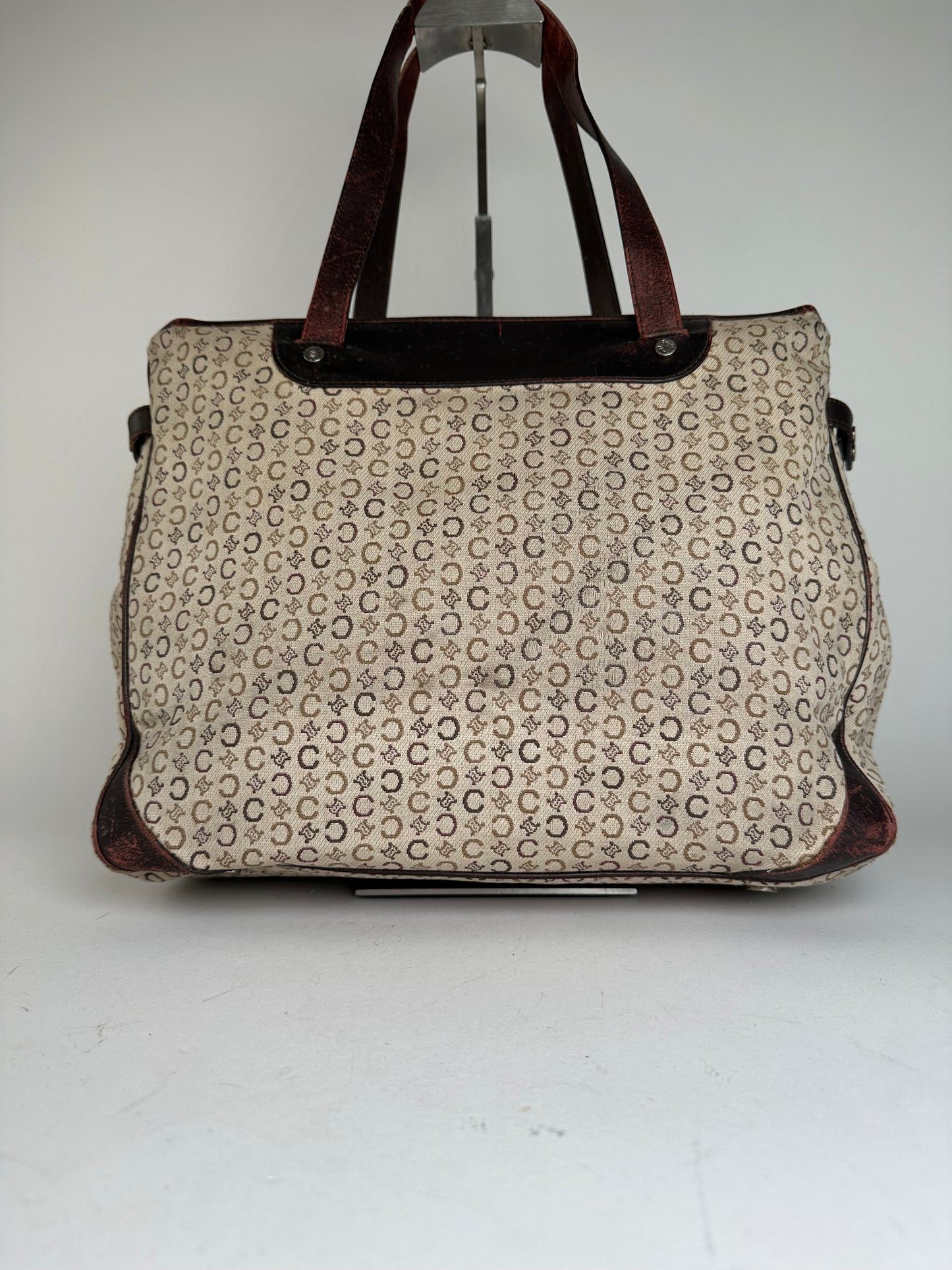 Vintage Celine Macadam C Monogram Coated Canvas Tote Beige Burgundy