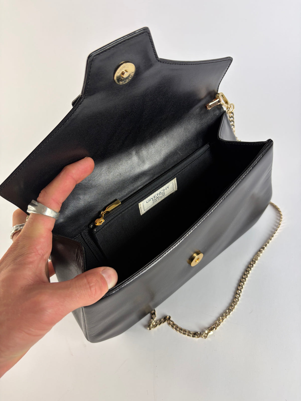 Vintage Givenchy Smooth Leather Flap Crossbody Bag Black Gold