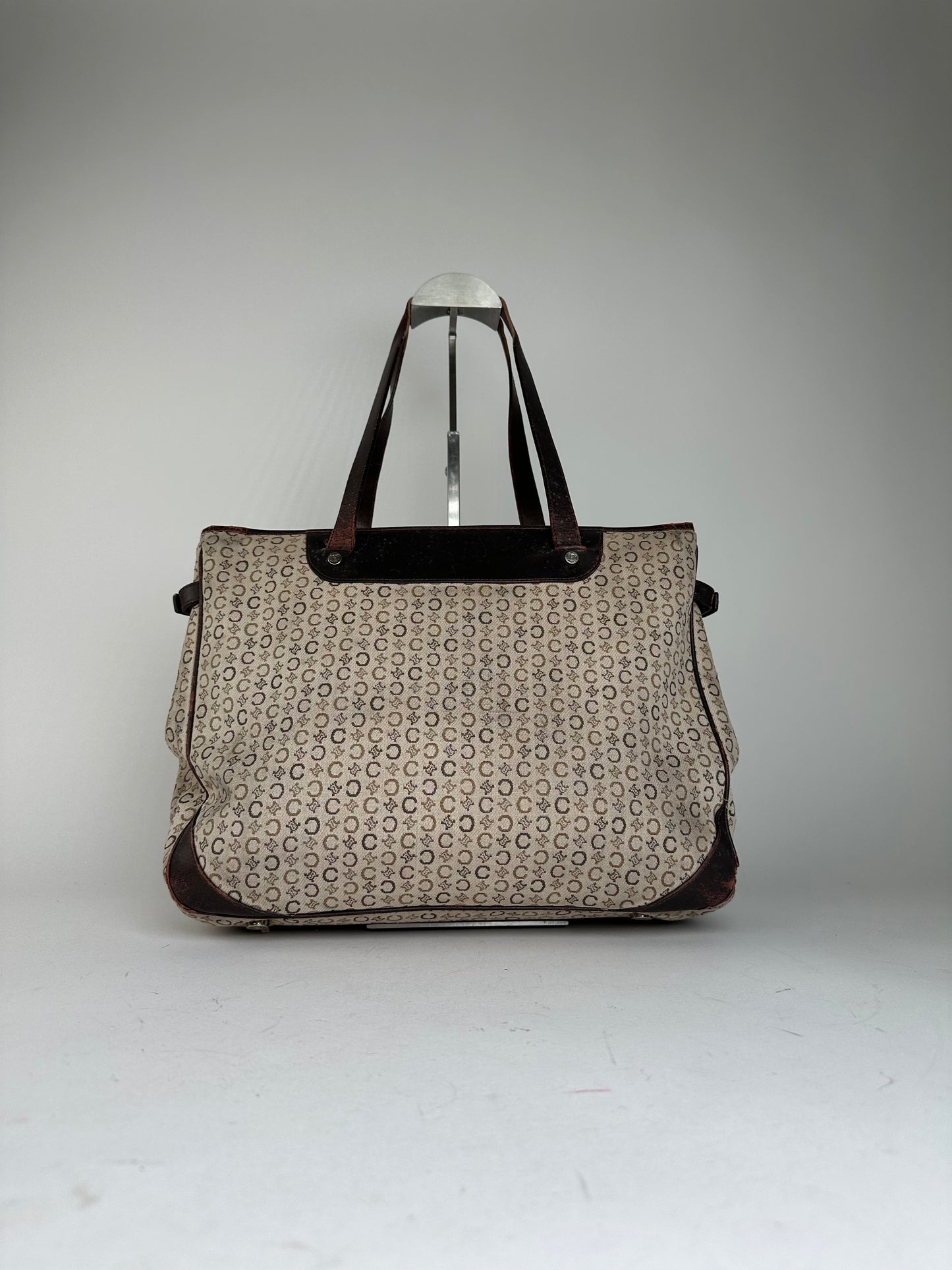 Vintage Celine Macadam C Monogram Coated Canvas Tote Beige Burgundy