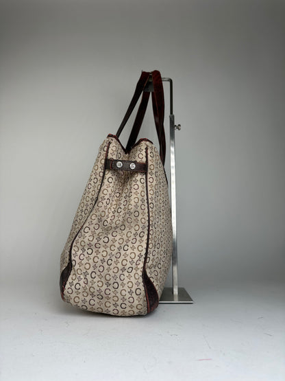 Vintage Celine Macadam C Monogram Coated Canvas Tote Beige Burgundy