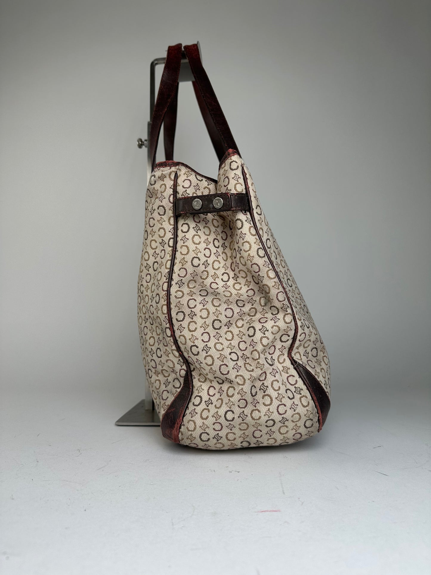 Vintage Celine Macadam C Monogram Coated Canvas Tote Beige Burgundy