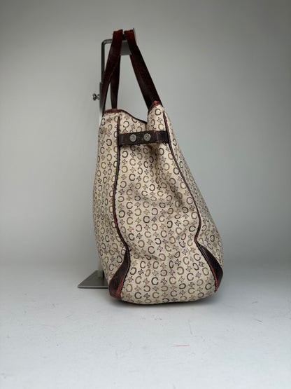Vintage Celine Macadam C Monogram Coated Canvas Tote Beige Burgundy