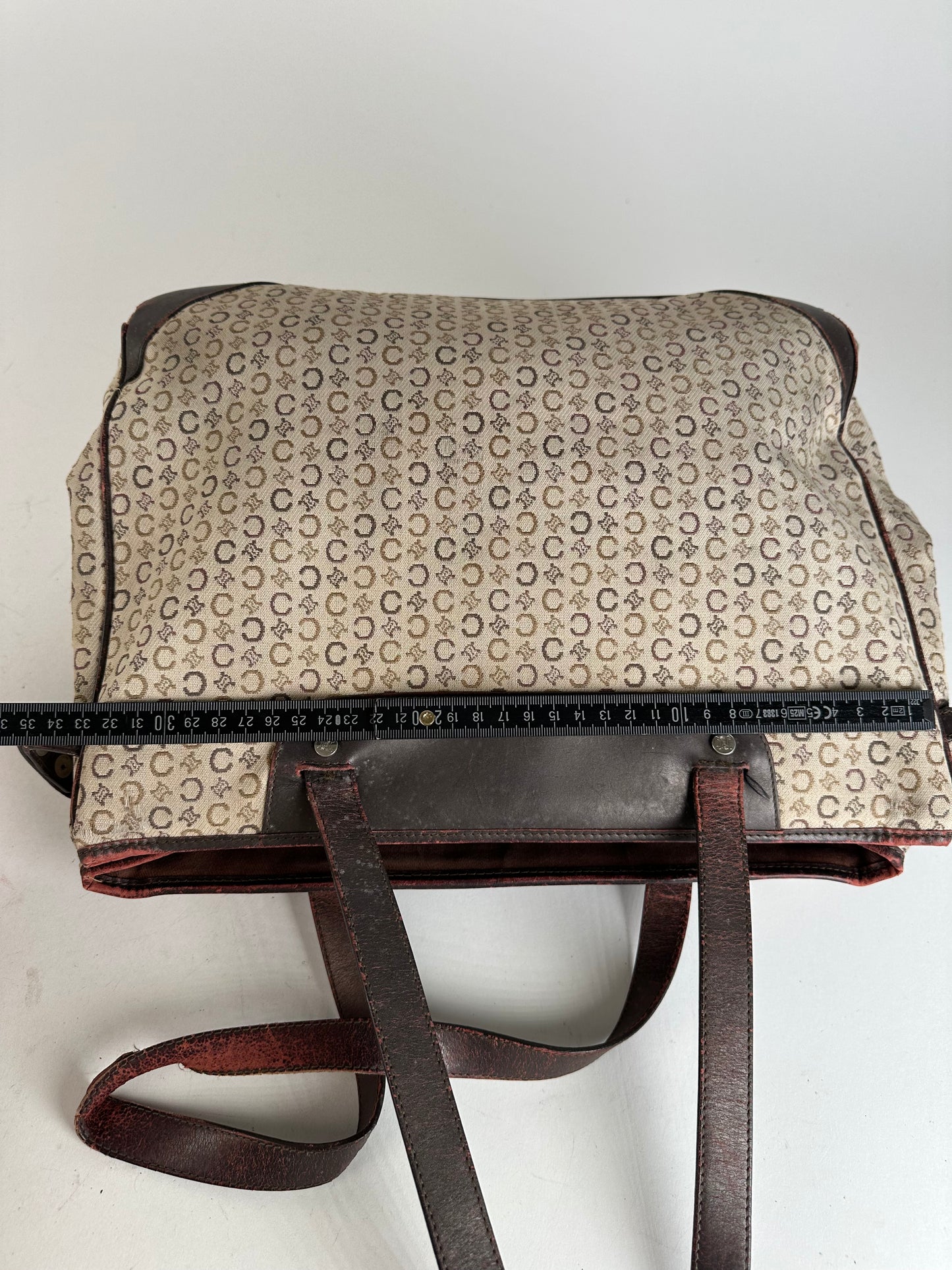 Vintage Celine Macadam C Monogram Coated Canvas Tote Beige Burgundy