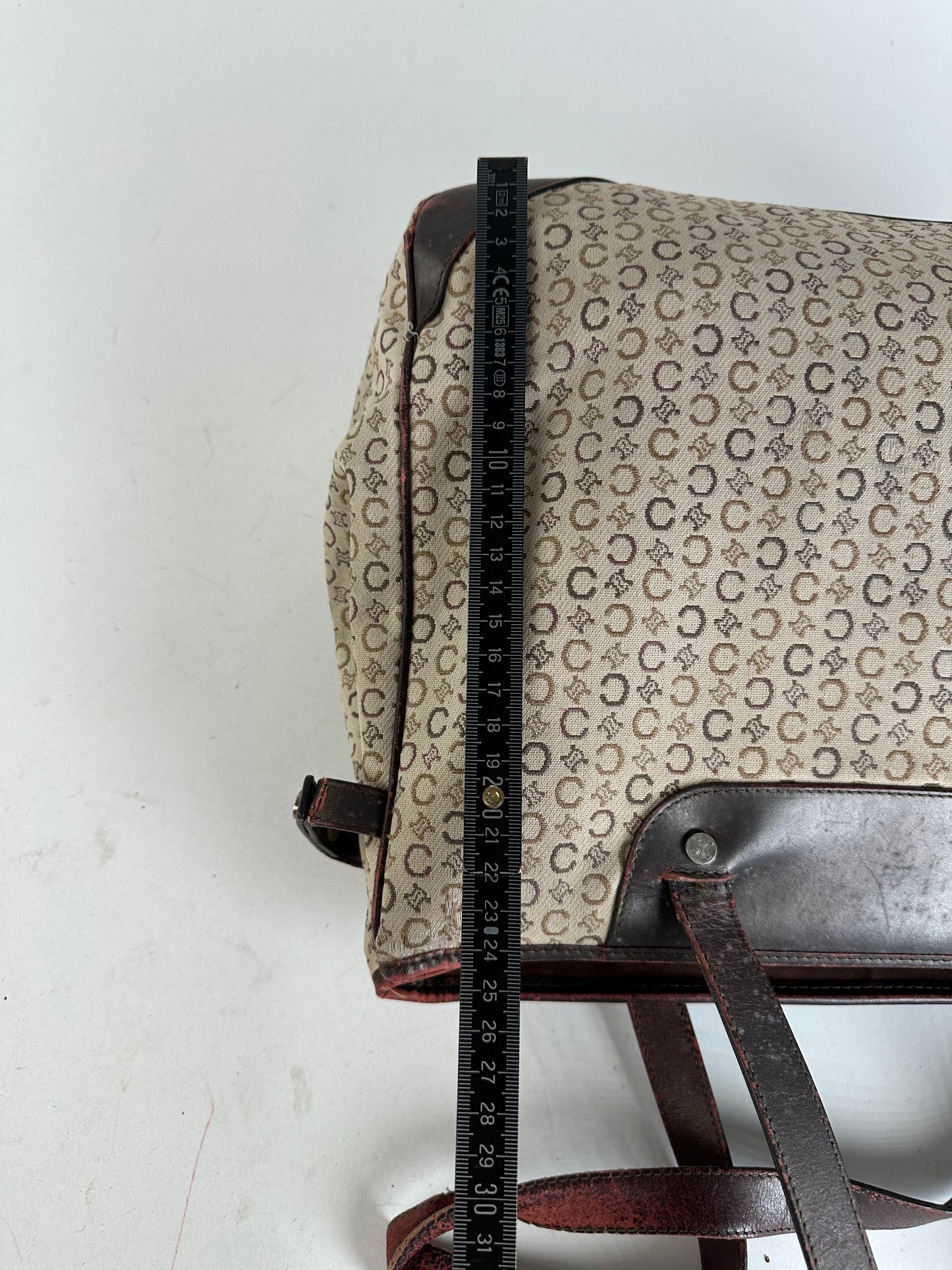 Vintage Celine Macadam C Monogram Coated Canvas Tote Beige Burgundy