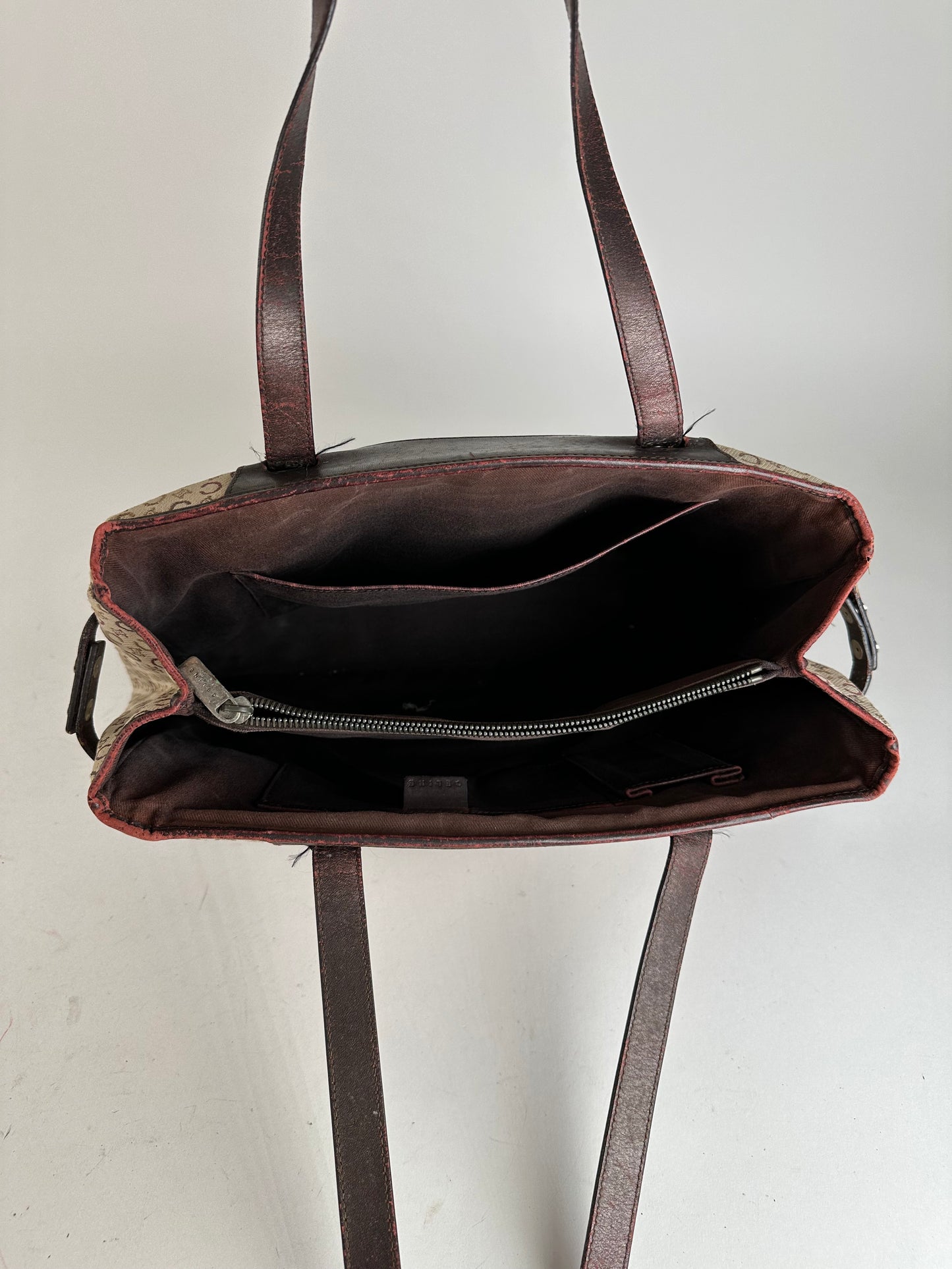 Vintage Celine Macadam C Monogram Coated Canvas Tote Beige Burgundy
