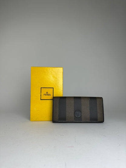 Vintage Fendi Pequin Stripe Coated Canvas Long Wallet Brown Black
