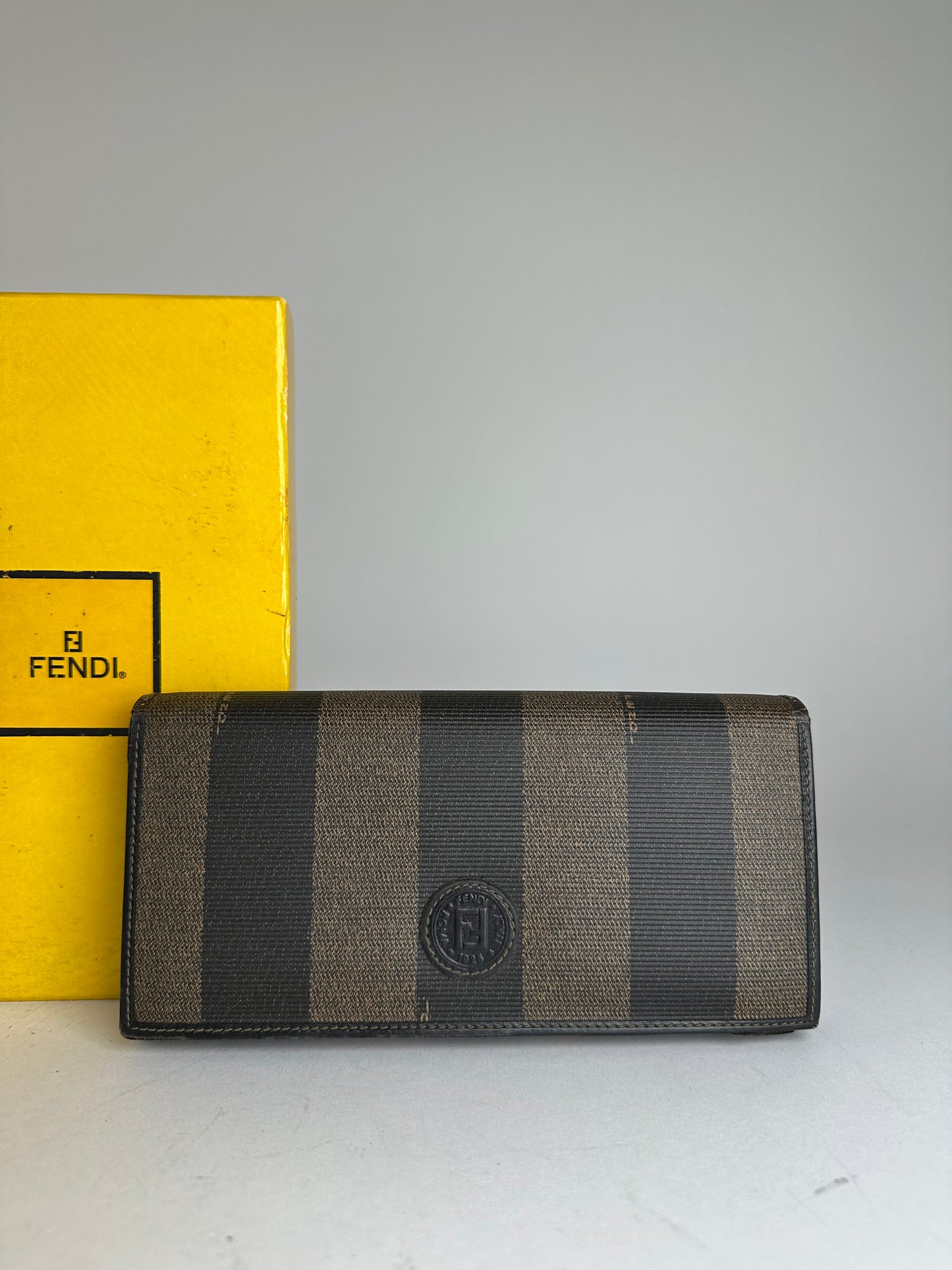 Vintage Fendi Pequin Stripe Coated Canvas Long Wallet Brown Black
