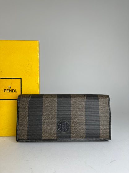 Vintage Fendi Pequin Stripe Coated Canvas Long Wallet Brown Black