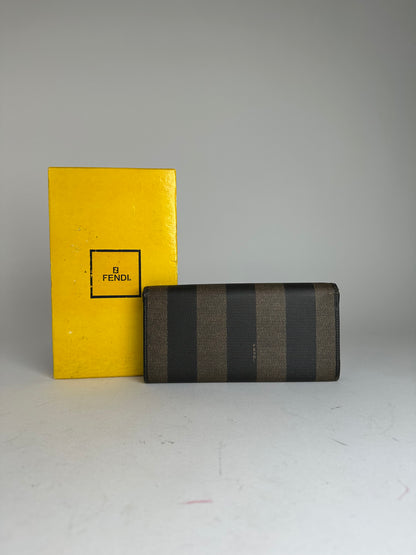Vintage Fendi Pequin Stripe Coated Canvas Long Wallet Brown Black