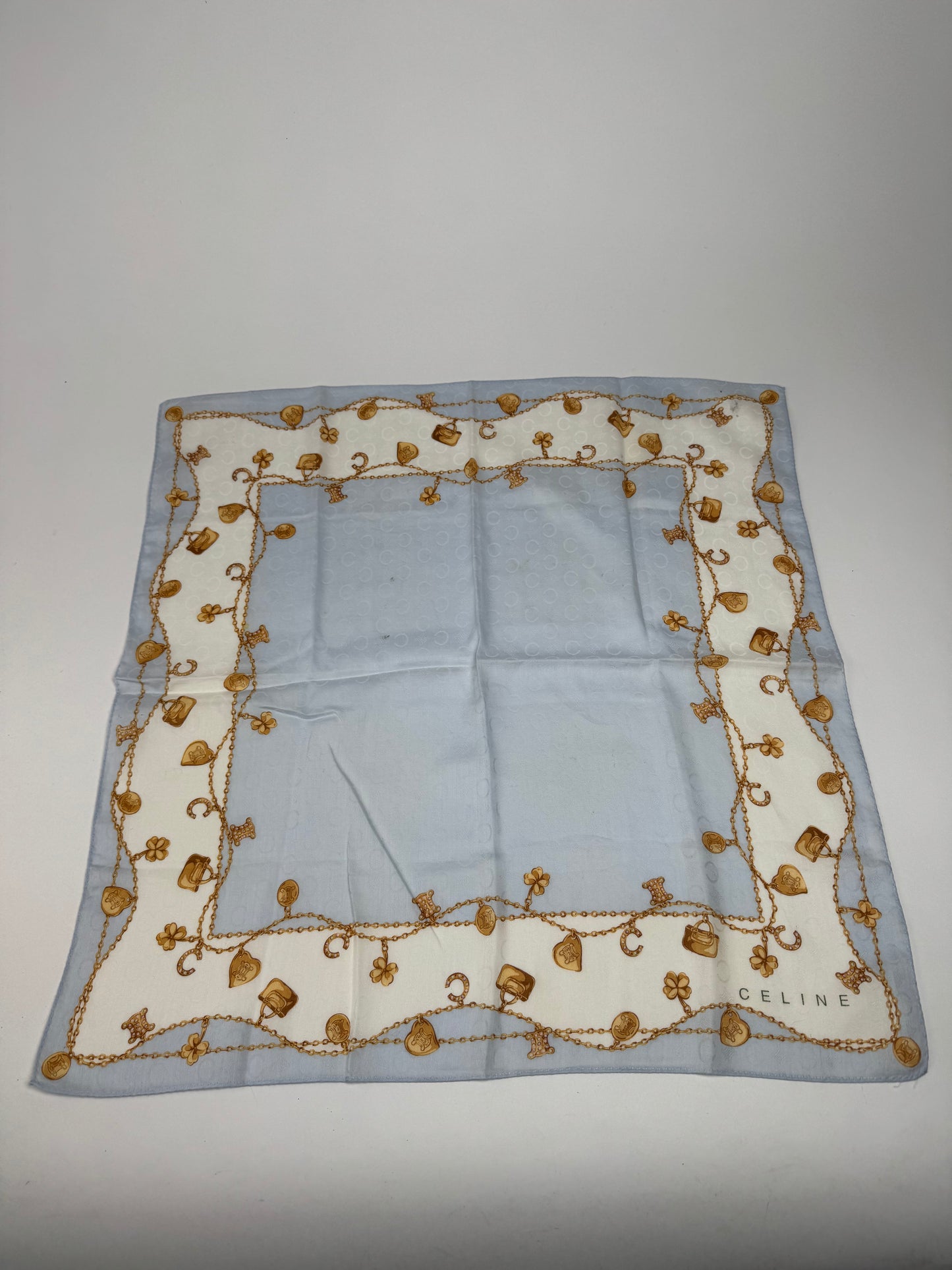 Vintage Celine Paris Macadam Monogram Silk scarf baby blue