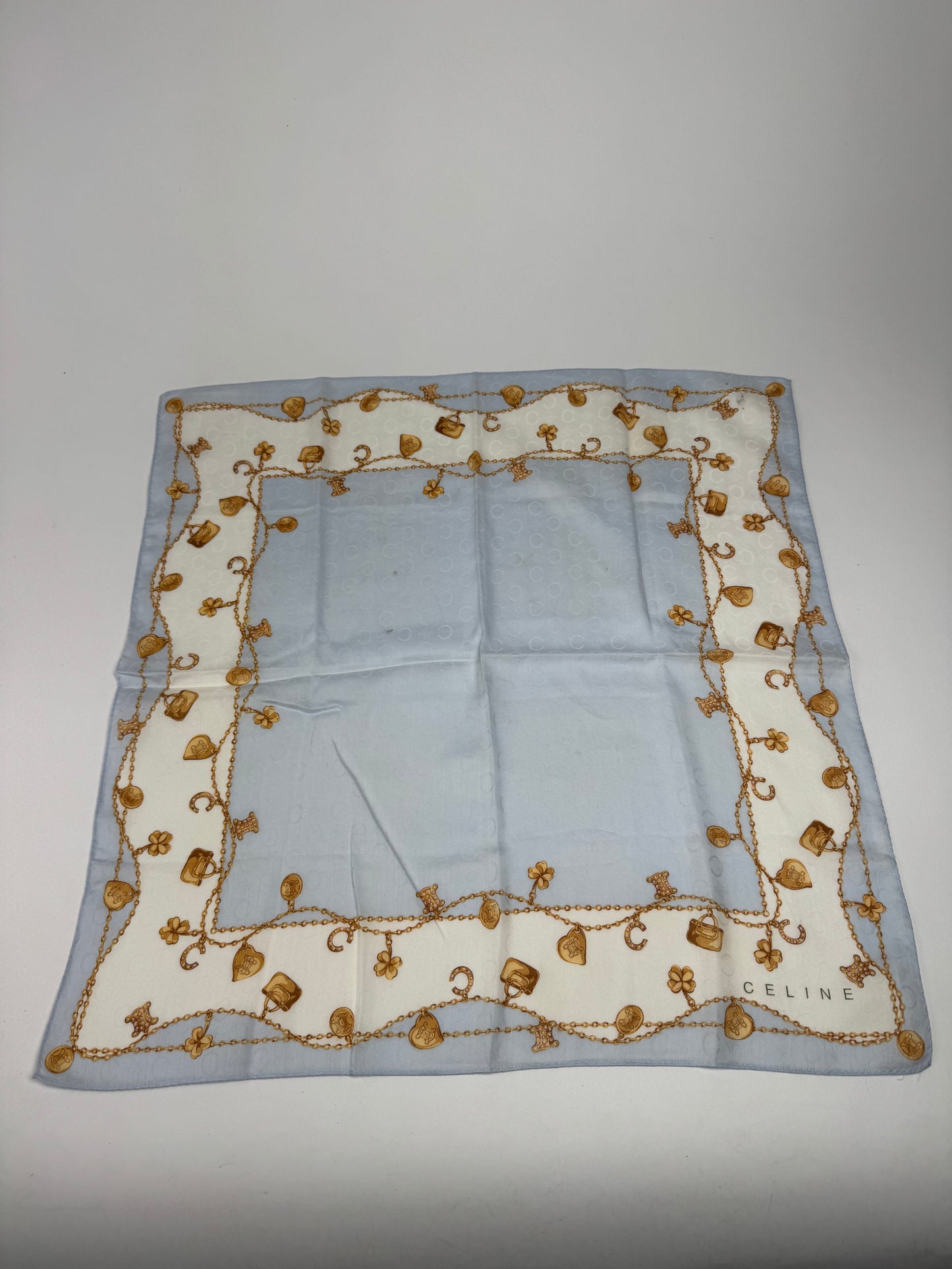 Vintage Celine Paris Macadam Monogram Silk scarf baby blue
