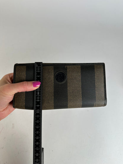 Vintage Fendi Pequin Stripe Coated Canvas Long Wallet Brown Black
