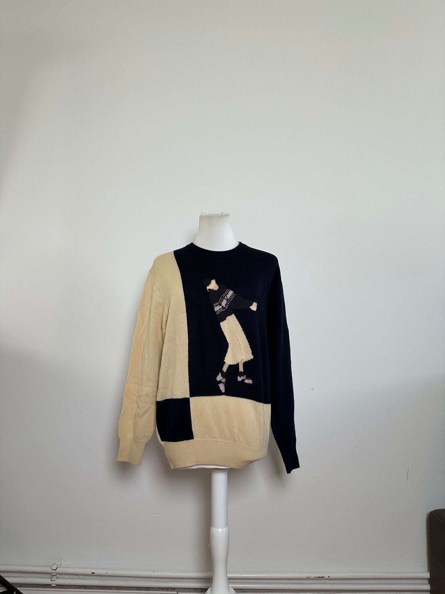 Vintage Dior Sports Wool Intarsia Knit Sweater Navy Cream L
