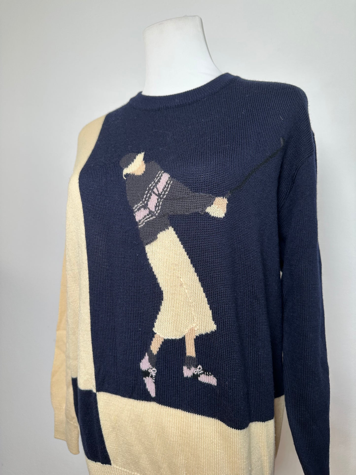 Vintage Dior Sports Wool Intarsia Knit Sweater Navy Cream L