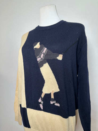 Vintage Dior Sports Wool Intarsia Knit Sweater Navy Cream L