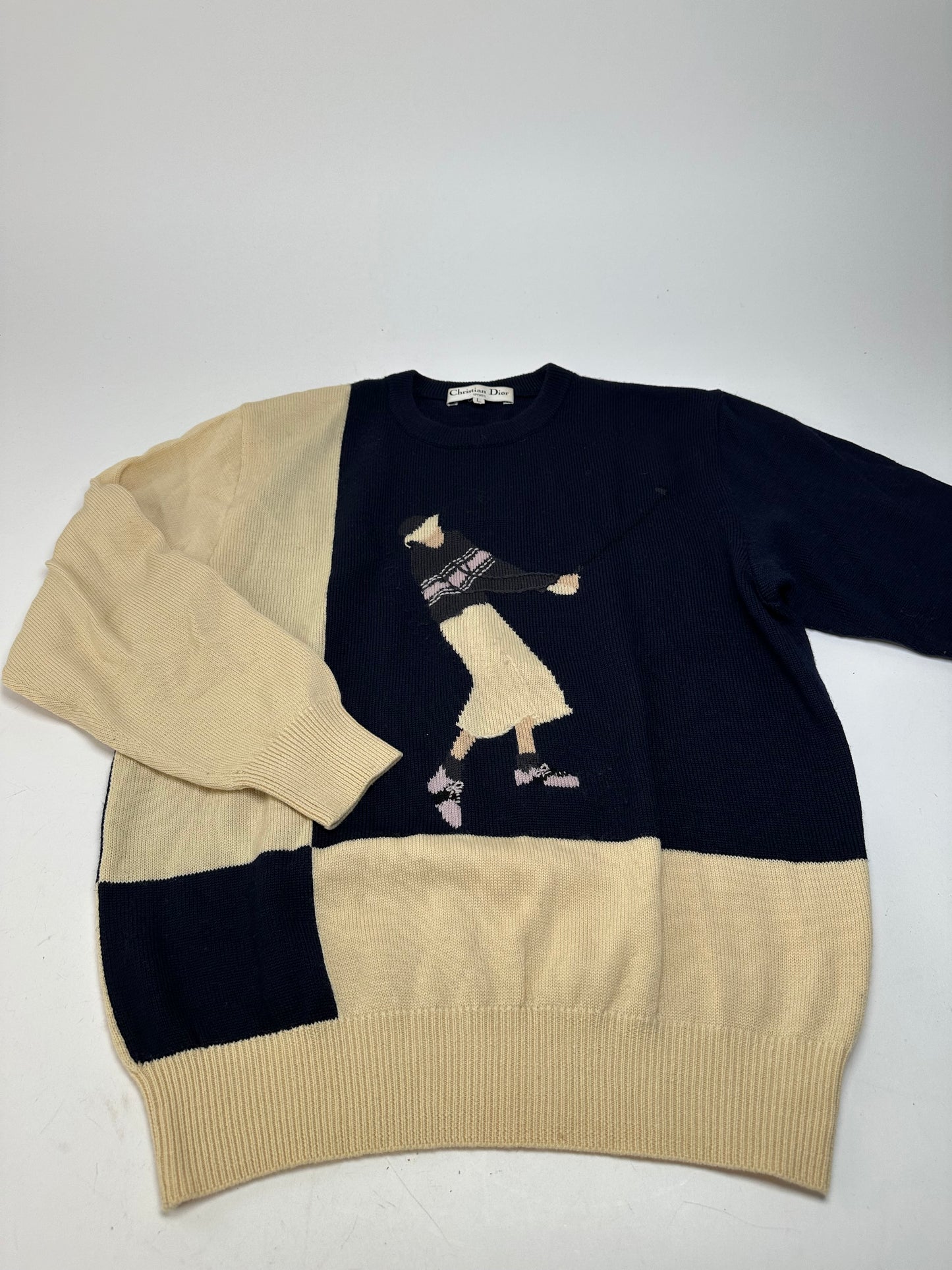 Vintage Dior Sports Wool Intarsia Knit Sweater Navy Cream L