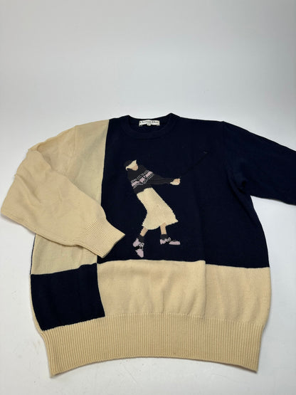 Vintage Dior Sports Wool Intarsia Knit Sweater Navy Cream L