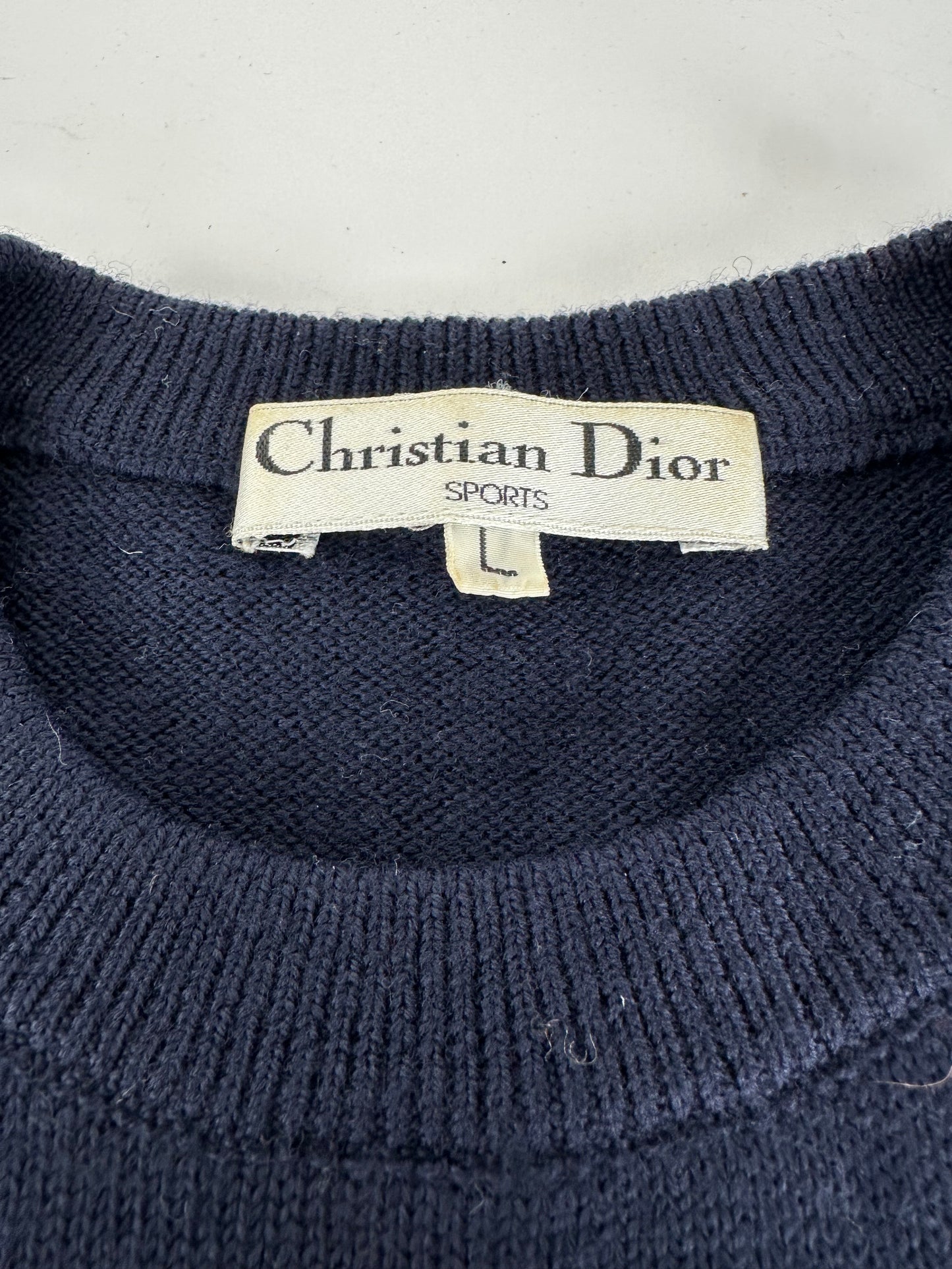 Vintage Dior Sports Wool Intarsia Knit Sweater Navy Cream L
