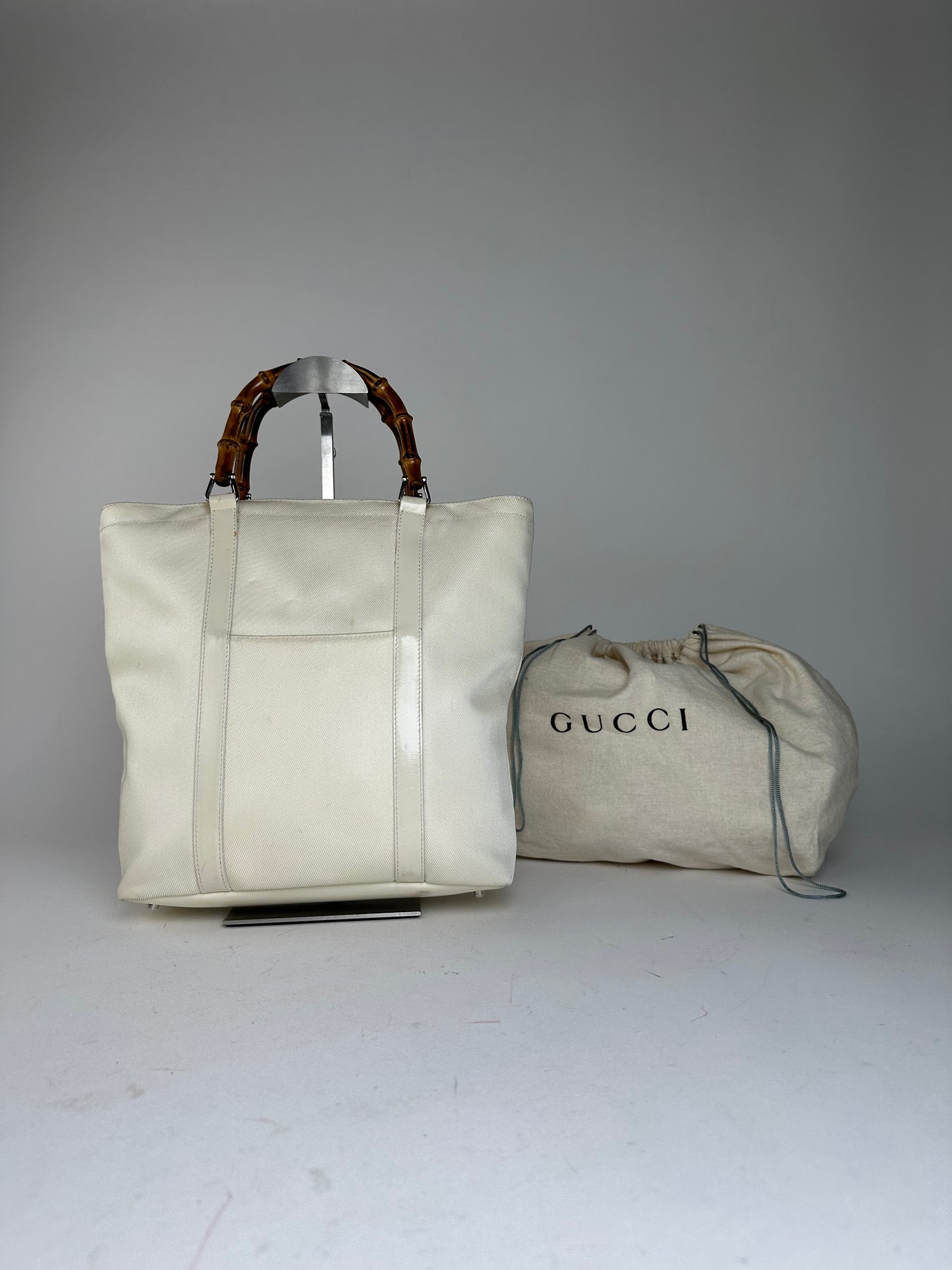 Vintage Gucci Bamboo Handle Canvas Tote Bag Ivory