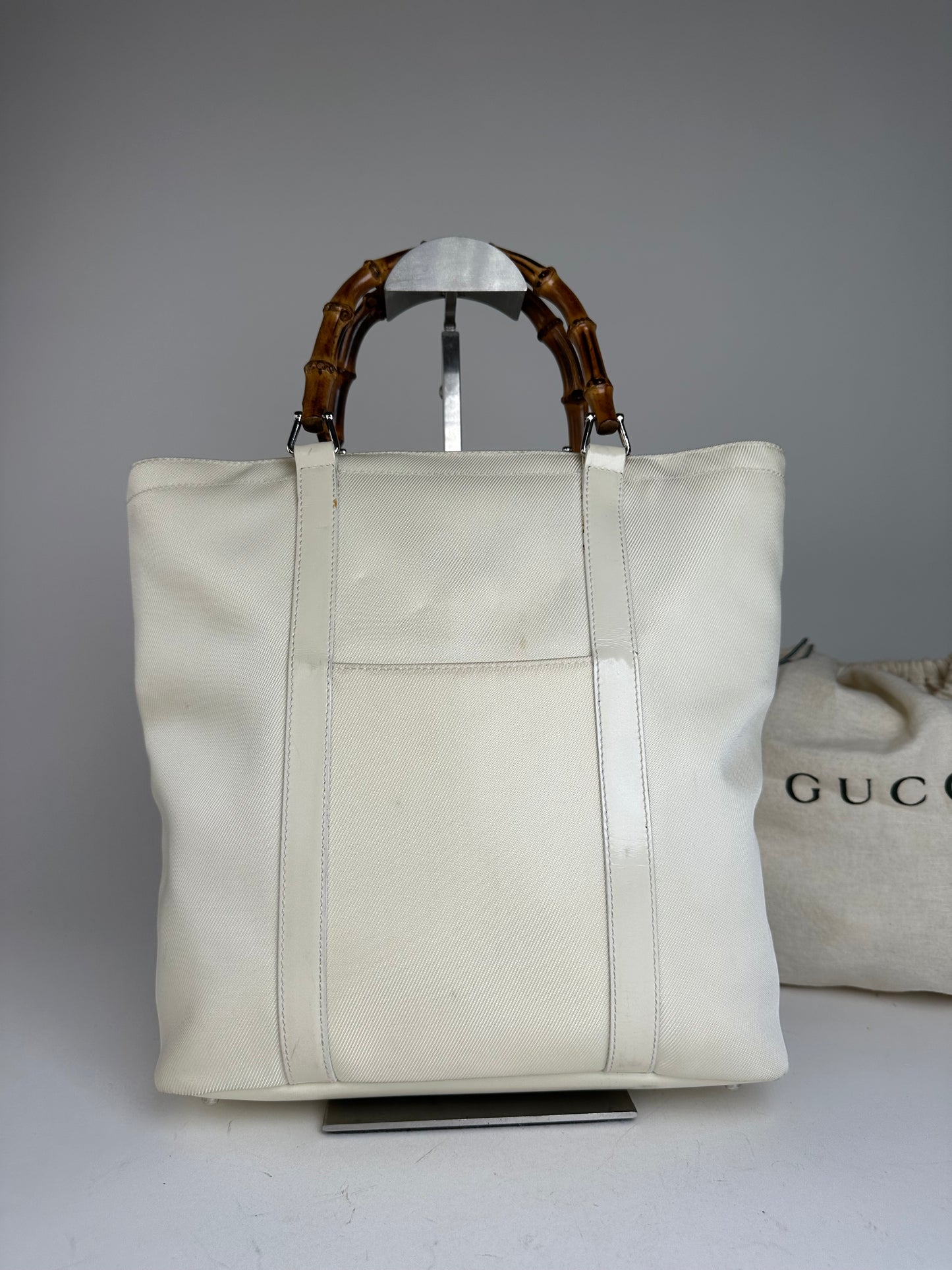 Vintage Gucci Bamboo Handle Canvas Tote Bag Ivory