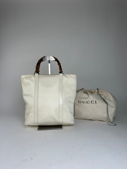 Vintage Gucci Bamboo Handle Canvas Tote Bag Ivory
