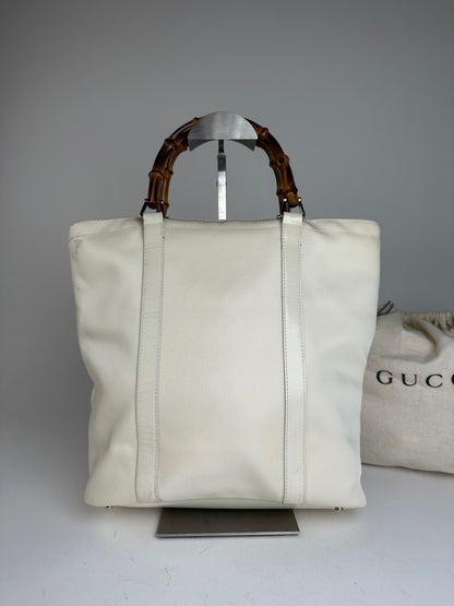 Vintage Gucci Bamboo Handle Canvas Tote Bag Ivory