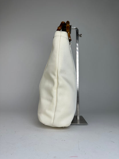 Vintage Gucci Bamboo Handle Canvas Tote Bag Ivory