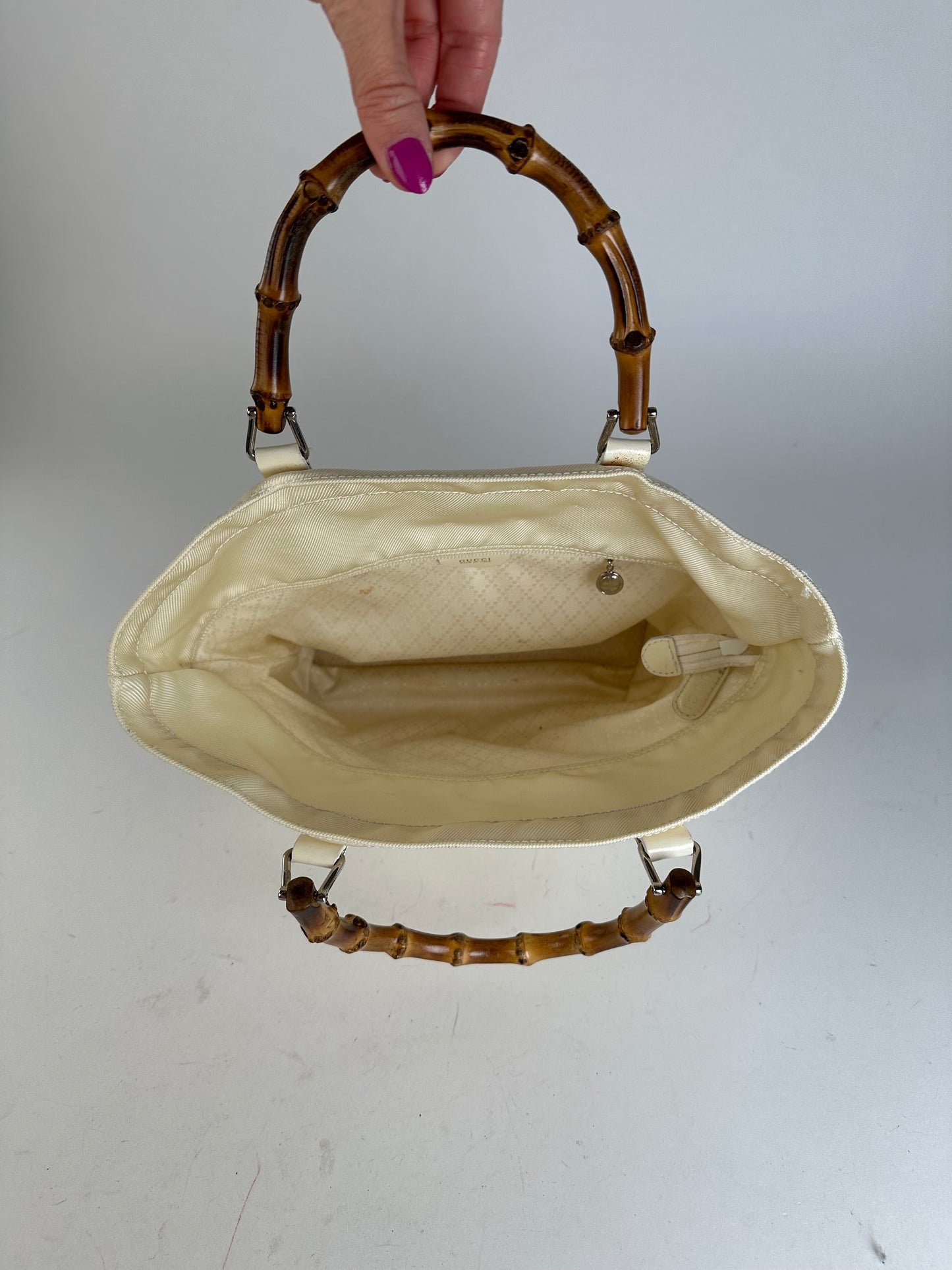 Vintage Gucci Bamboo Handle Canvas Tote Bag Ivory