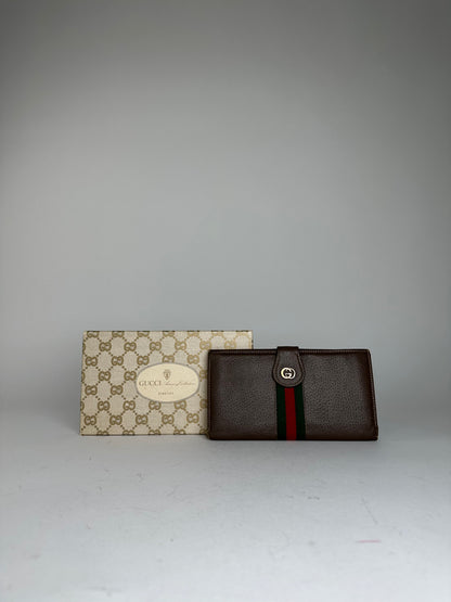 Vintage Gucci Web Stripe Leather Long Wallet Brown