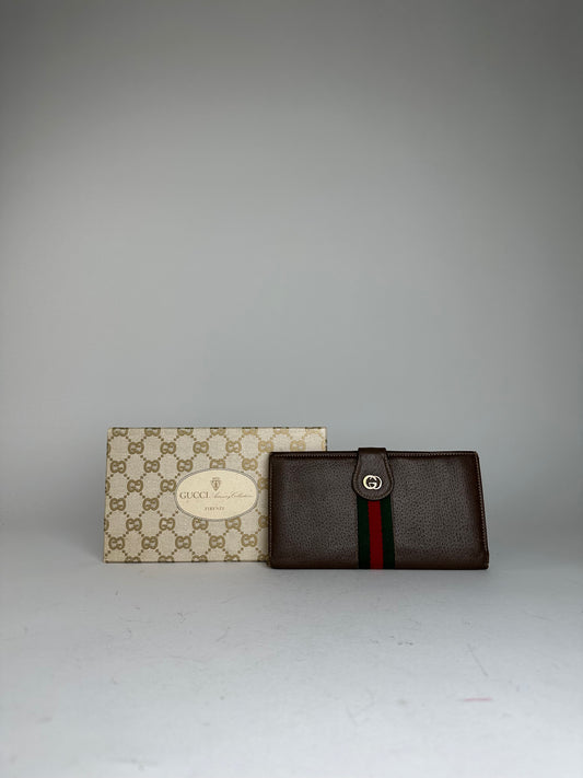 Vintage Gucci Web Stripe Leather Long Wallet Brown