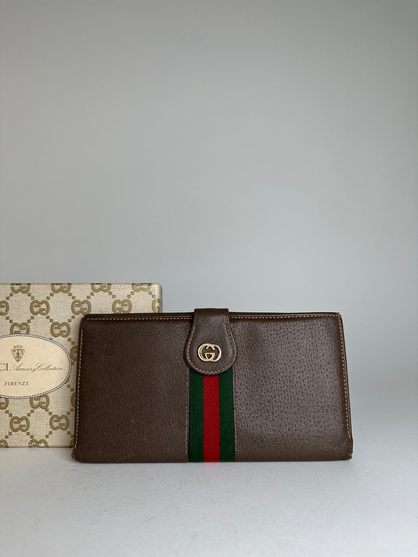 Vintage Gucci Web Stripe Leather Long Wallet Brown