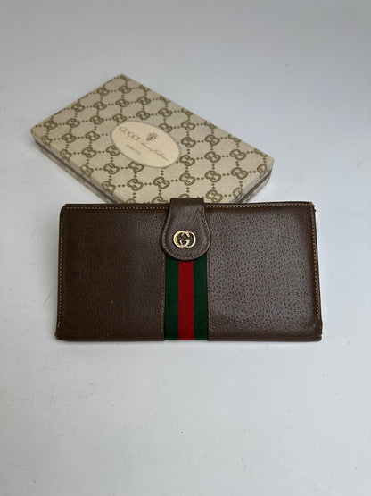 Vintage Gucci Web Stripe Leather Long Wallet Brown