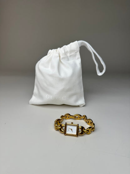Vintage Gucci Bracelet Watch Gold Chain White Dial