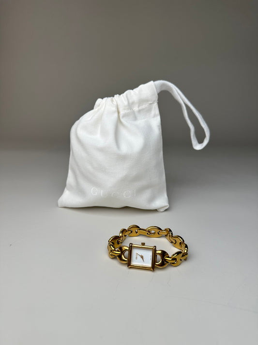 Vintage Gucci Bracelet Watch Gold Chain White Dial