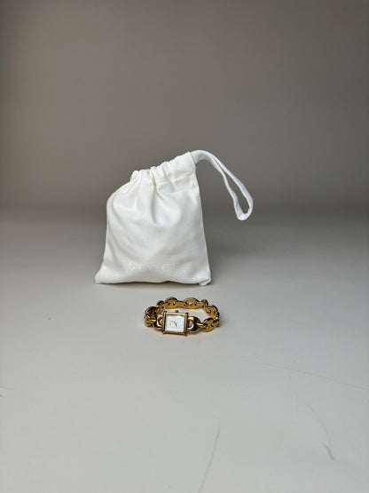Vintage Gucci Bracelet Watch Gold Chain White Dial