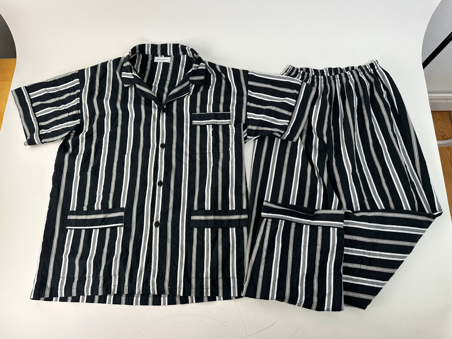 Vintage Yves Saint Laurent Striped Cotton Pajama Set Black White