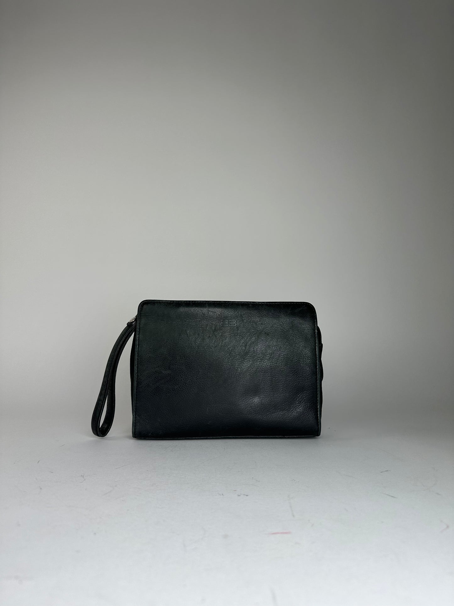 Vintage Balenciaga BB Logo Leather Wristlet Pouch Black