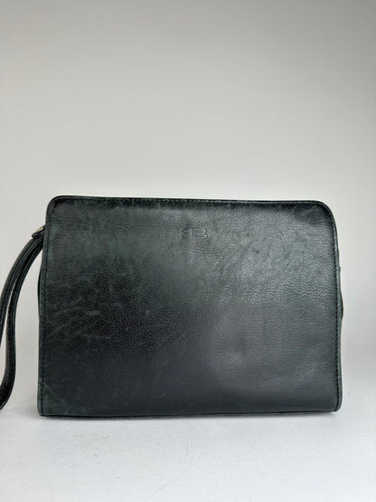 Vintage Balenciaga BB Logo Leather Wristlet Pouch Black