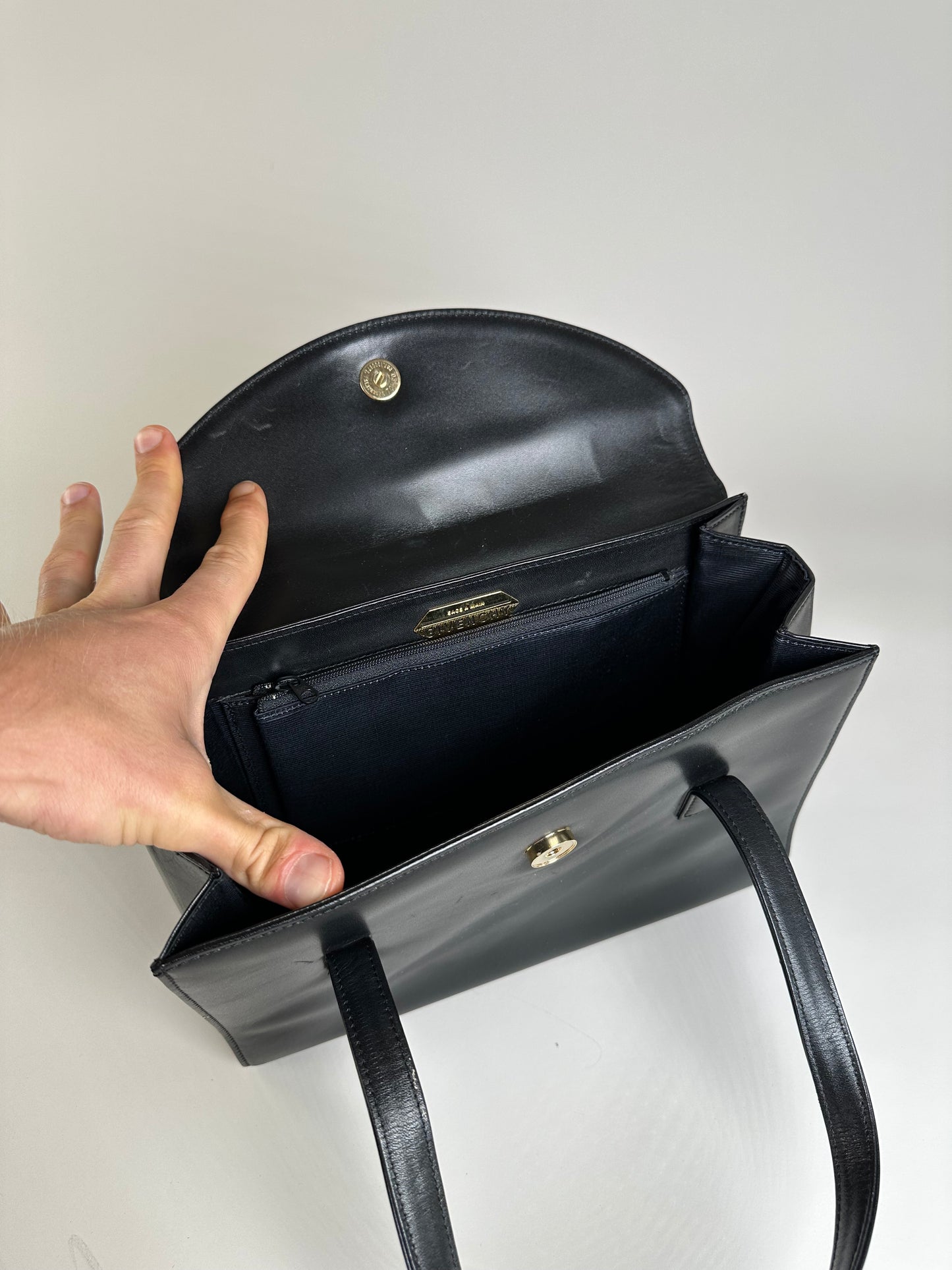 Vintage Givenchy Structured Leather Handbag Black Gold