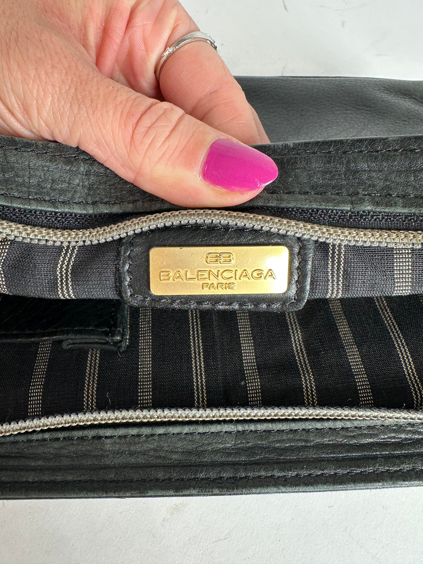 Vintage Balenciaga BB Logo Leather Wristlet Pouch Black