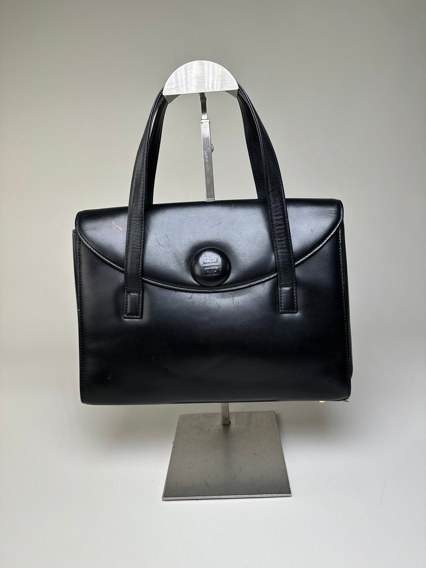 Vintage Givenchy Structured Leather Handbag Black Gold