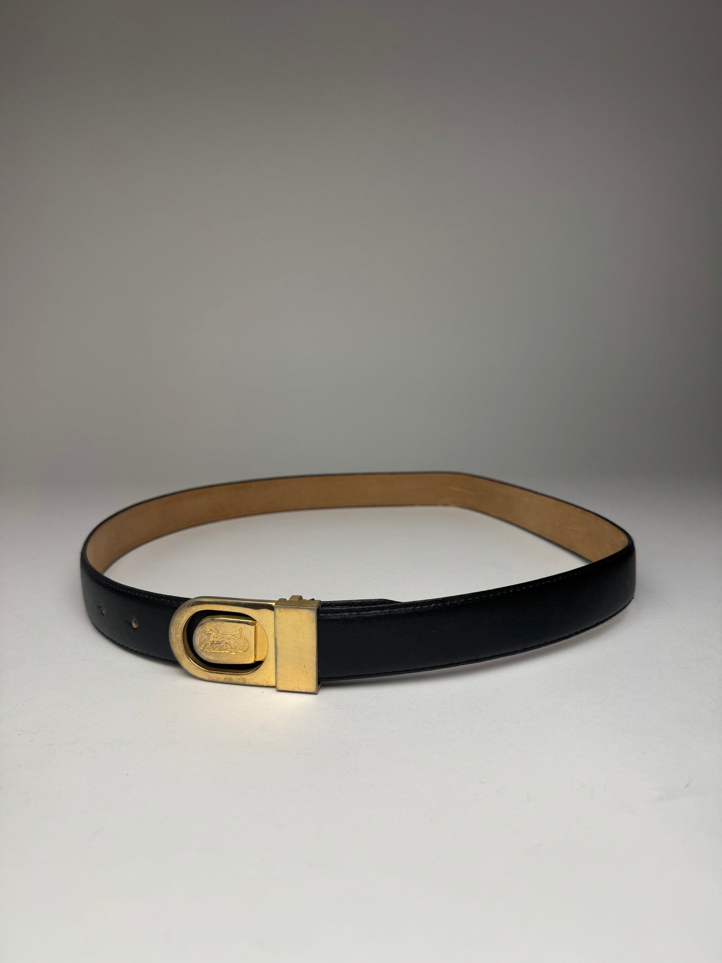 Vintage Celine Paris Carriage Logo Leather Belt Black